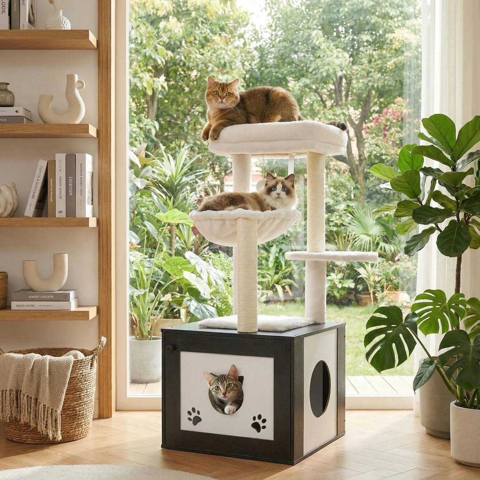 MAMIZO Árbol rascador con inodoro para gatos, árbol para gatos 2-en-1, nido de felpa desmontable, 119 cm de alto, cojines de felpa lavables, mueble para gatos, árbol rascador de madera, troncos de