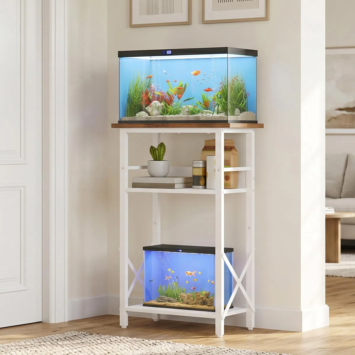 HOOBRO Soporte para Acuario de 3 Niveles, Soporte para Pecera de 37,8 L, con Espacio de Almacenamiento, Marco Metálico, para Sala de Estar, Estudio, Oficina, Blanco y Nogal EWH52FT01