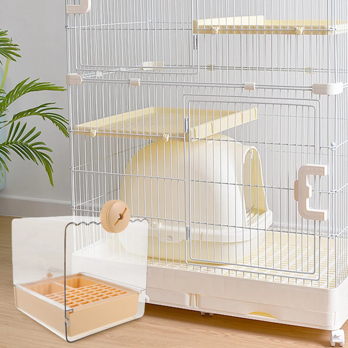 Baño para Pájaros de Interior Comedero Integrado, Cuenco Profundo de Plástico en Color Naranja Cálido, Multifuncional para Jaulas Pequeñas y Medianas, Accesorio Esencial para
