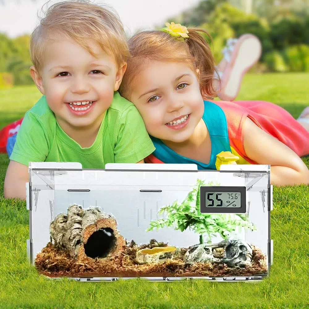 Terrarios de reptiles, con higrómetro de temperatura, 15.7 x 9.9 x 7.1 pulgadas, caja de cría de reptiles acrílicos, tanque de jaula de terrario para reptiles pequeños, insectos, oficina en casa