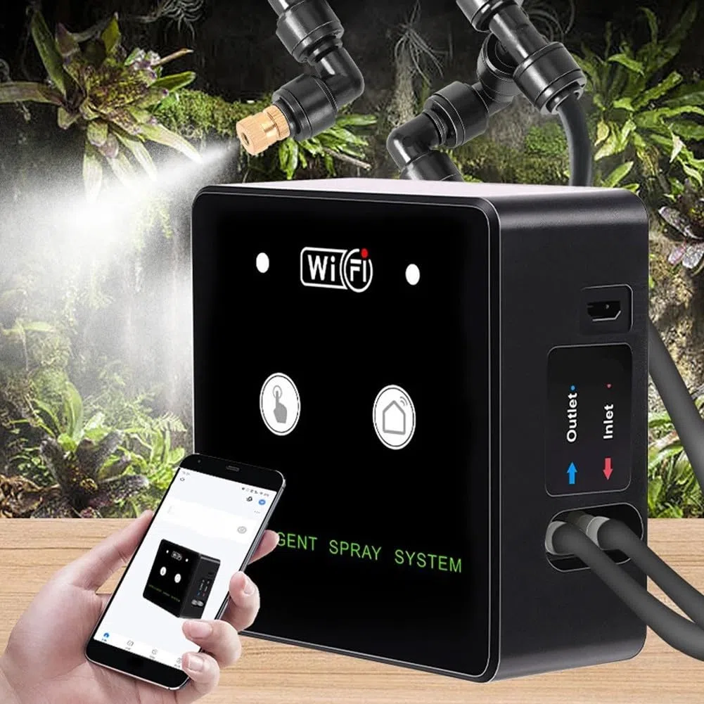 Sistema inteligente de nebulización de terrario WiFi, control remoto 360 WiFi, kit de pulverización de humidificación de bosque lluvioso, bomba autocebante ABS PE Co 4 boquillas (3 boquillas)