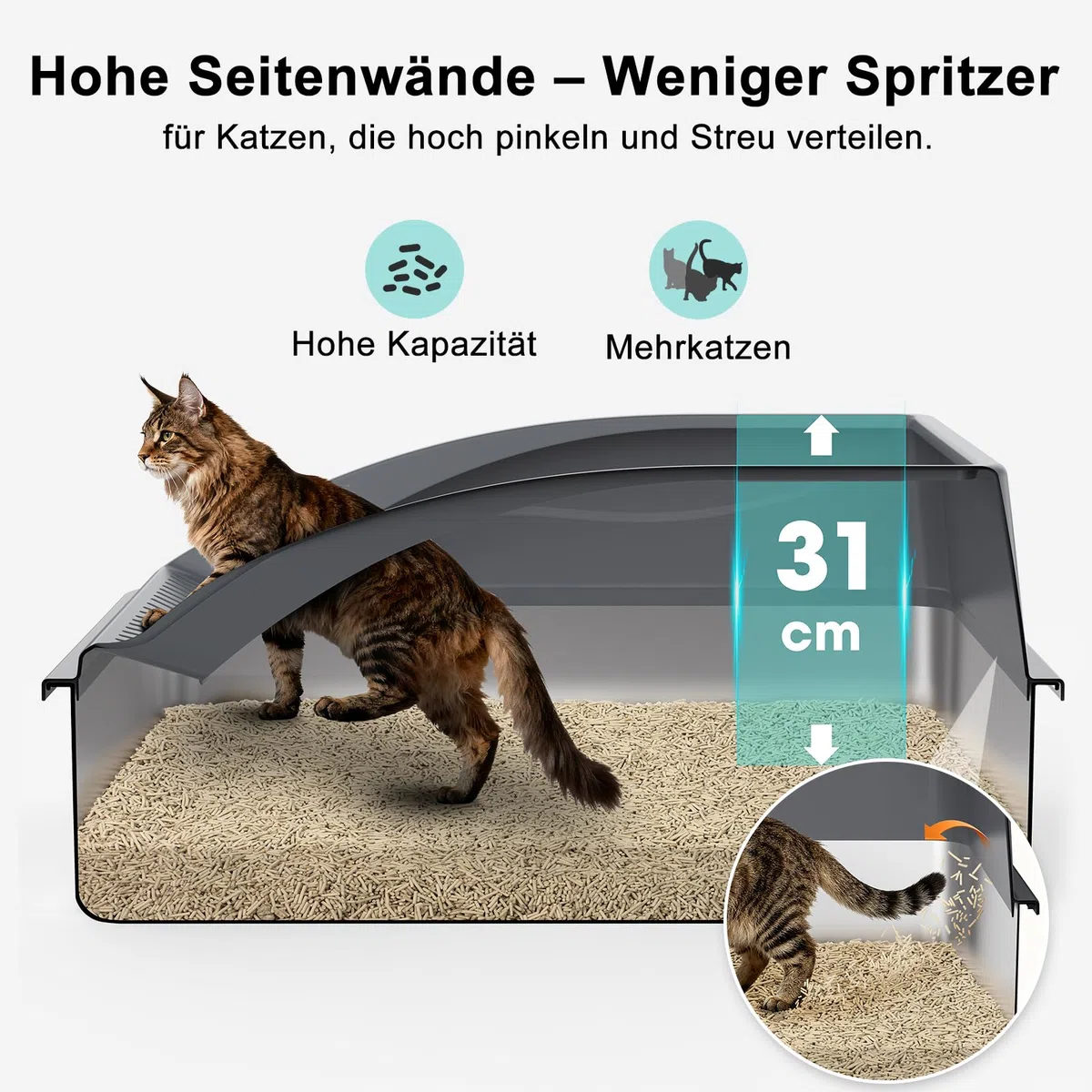 FURTIME Arenero Gato Acero Inoxidable XXXL, Caja Arena para Gatos Muy Grande 71x51x31 cm, WC Gatos con Borde Alto Desmontable, Fácil de Limpiar, Ideal para Hogares con Múltiples Gatos y Razas Grandes