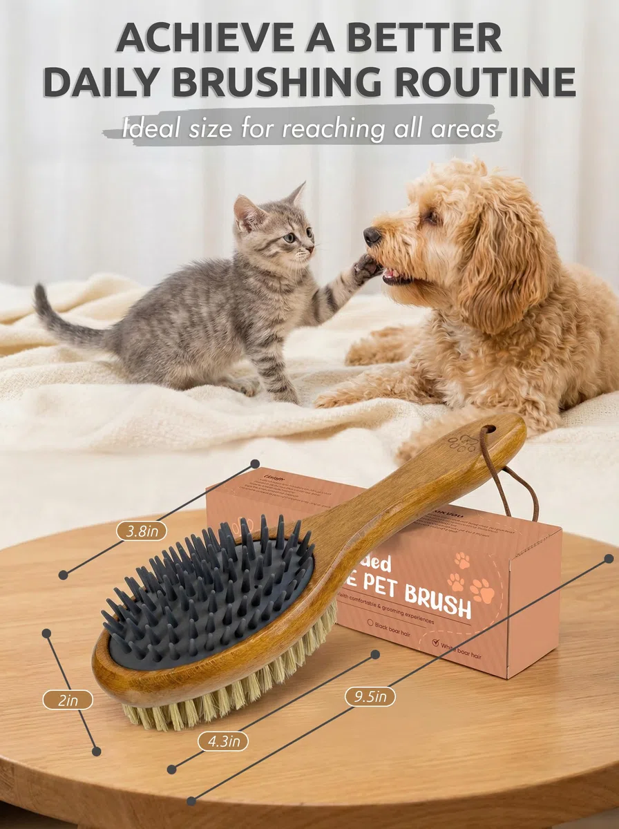 Cepillo profesional de doble cara para perros y gatos, cepillo de silicona para mascotas (cerdas de jabalí blancas)