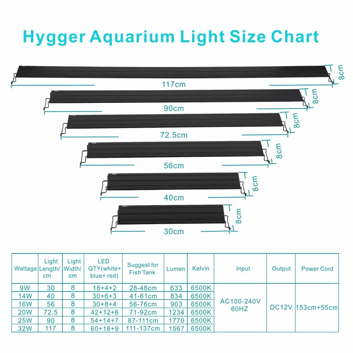 hygger Regulable Lampara LED Acuario con Temporizador, Luz LED con Soporte Ajustable(20W, 71-92cm)
