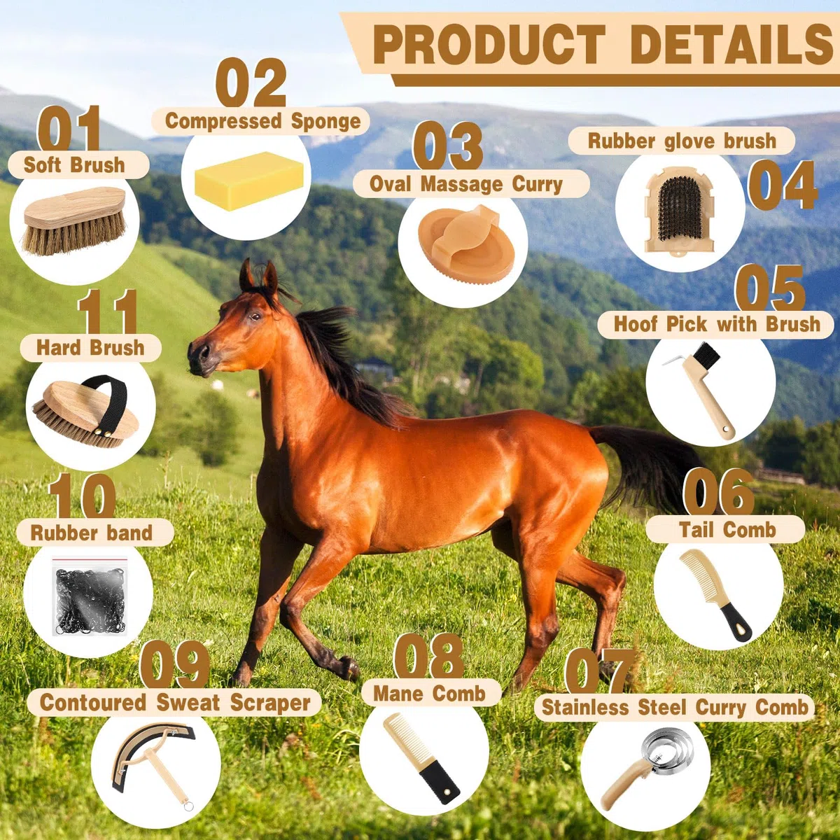 Abbylike Kit de aseo de caballos de 12 piezas, juego de cepillos para caballo, serie Equine Care, juego de cepillos para caballos con bolsa organizadora, herramientas de masaje (caqui)