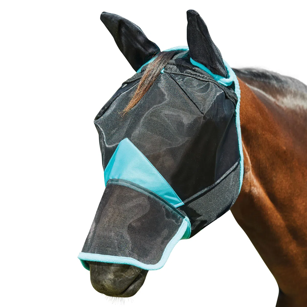 Weatherbeeta - Máscara Antimoscas con Agujeros para Orejas y Nariz de Red Fina Comfitec Deluxe (Pony) (Negro, Turquesa)