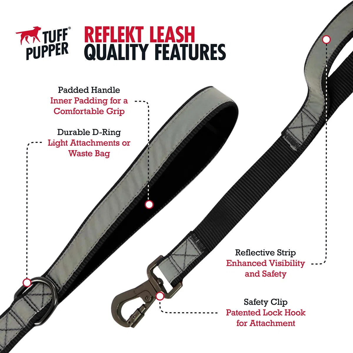 Tuff Pupper Correa de Perro Resistente, Correa de Perro de Doble asa para Sujetar Perros Fuertes, Correa de Perro de 6 pies con Clip bloqueable para Seguridad Marcha Roja 6 pies de Largo