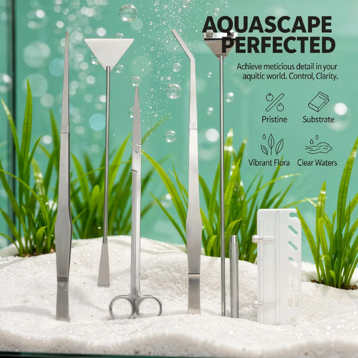 Generisch Aquascaping Tools - Juego de 6 herramientas para el cuidado de plantas de acuario de acero inoxidable, con limpiador de algas, pinzas de 38 cm, tijeras de 30 cm, espátula de arena de 32 cm y