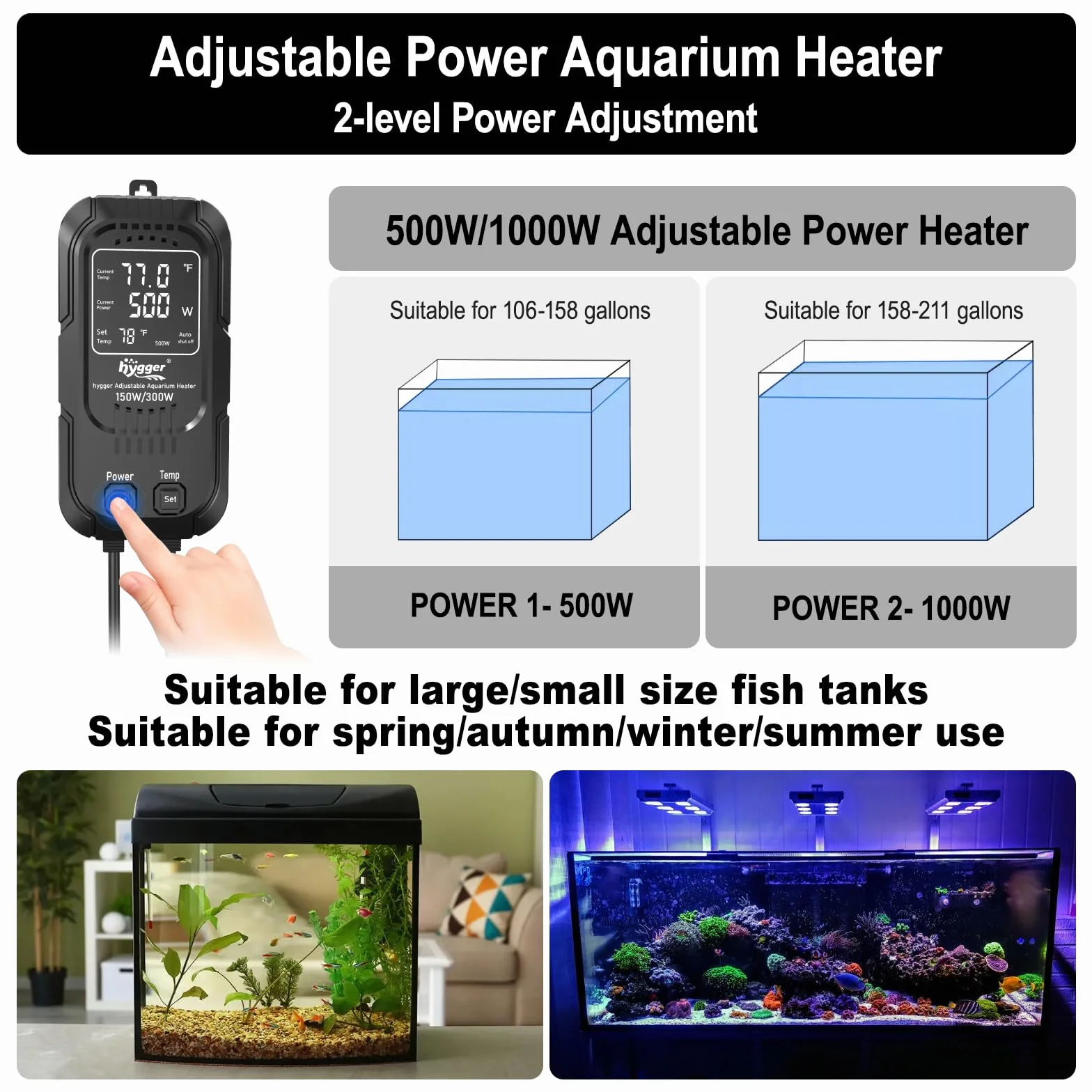 Hygger Calentador Acuario para Pecera Potencia Regulable 500W/1000W,Calefacción para Acuario Sumergible Calentador con Controlador Digital de Agua Dulce y Aalada de 400-800 litros