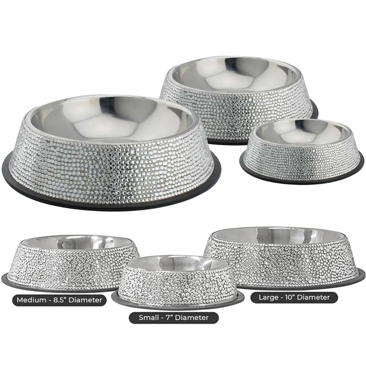 Cuenco para mascotas, diamantes de imitación brillantes en acero inoxidable, base antideslizante, para gatos, perros, otras mascotas, alimentos y agua, plata, mediano, se vende por separado