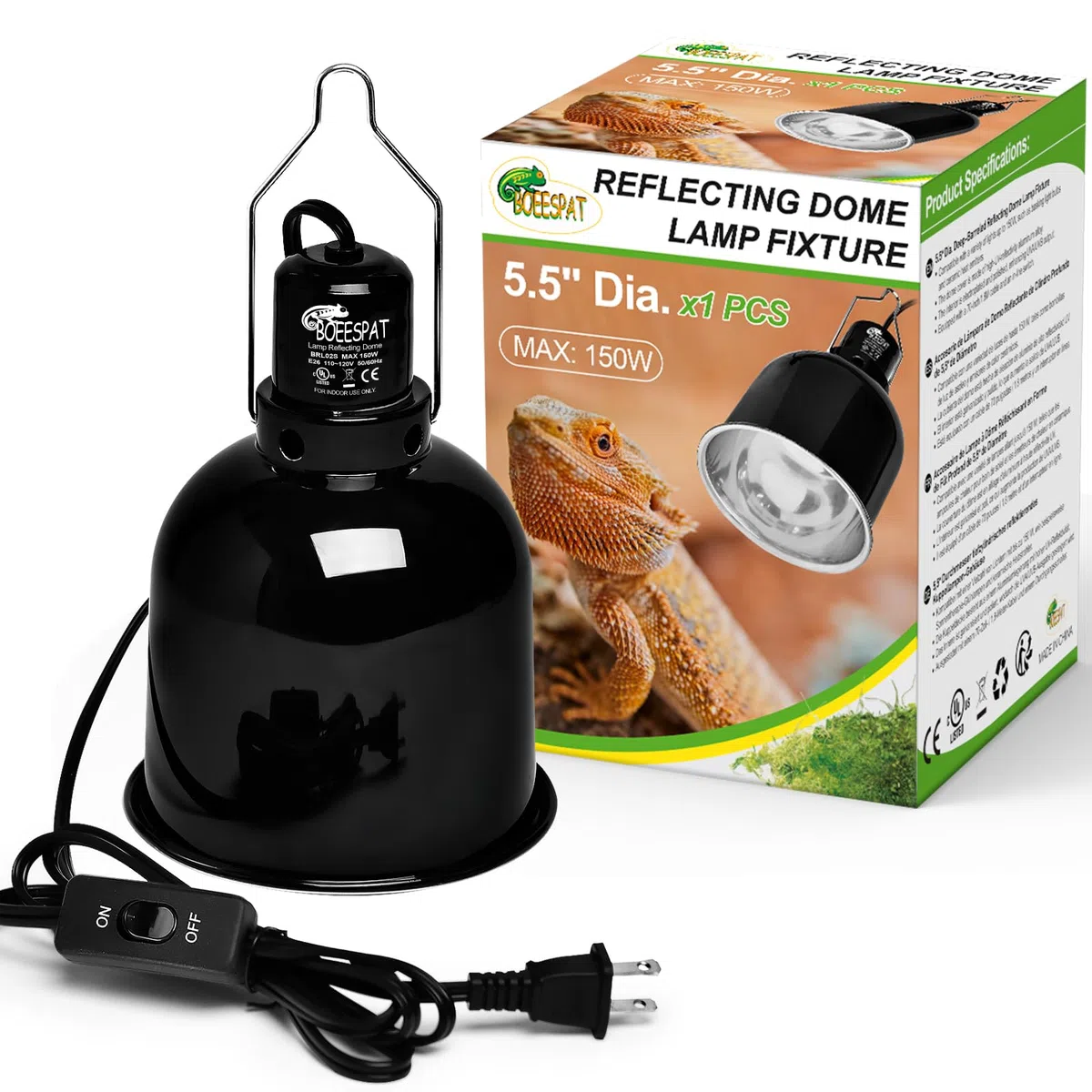 Lámpara de reptil de 14 cm de profundidad con interruptor, cubierta reflectante óptica para bombillas UVB/UVA y emisores de calor de cerámica