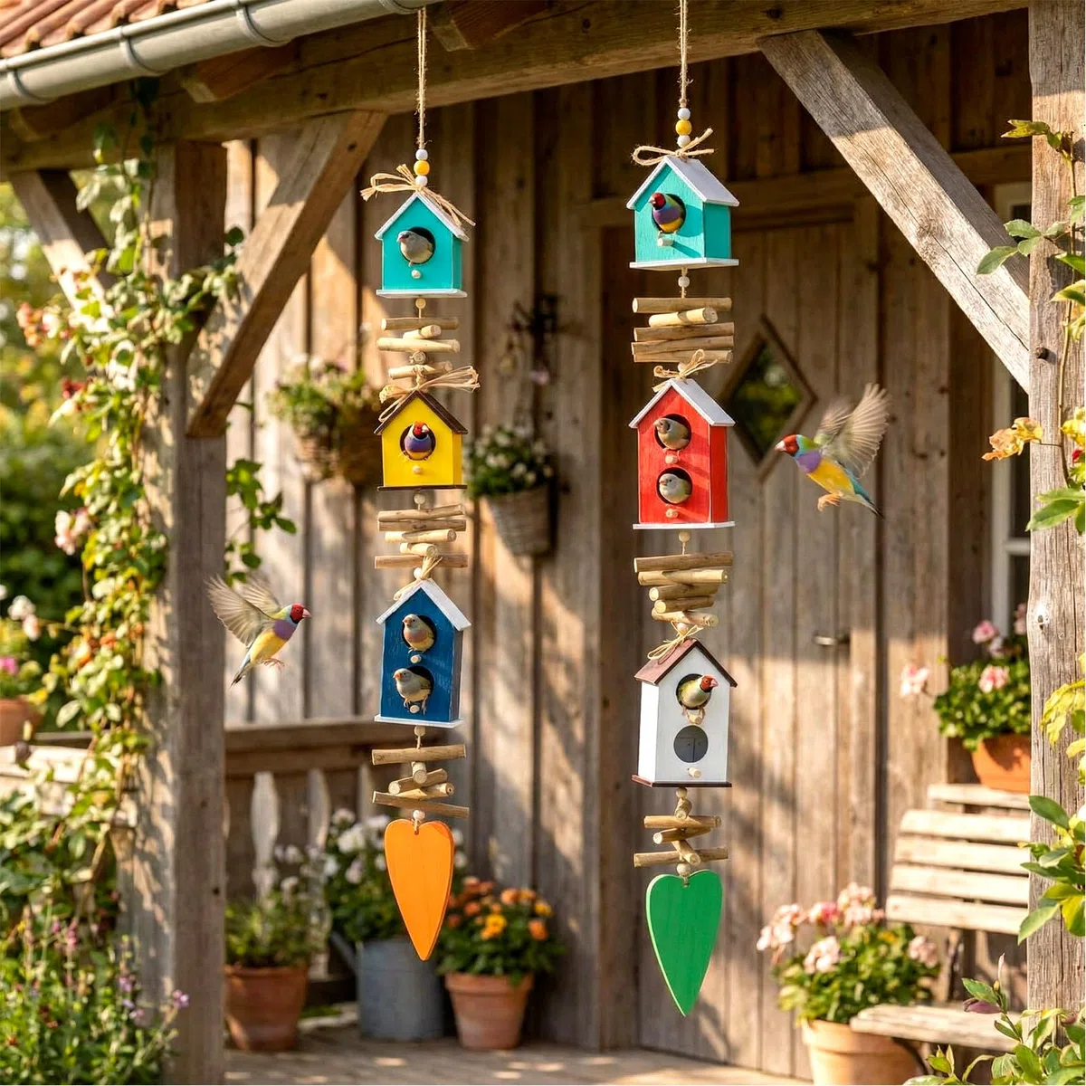 Potchen Paquete de 2 comederos colgantes coloridos para pájaros al aire libre, jardín, aldea, granja, comedero de madera para pájaros para casas de campo, granja, decoración de jardín al aire libre