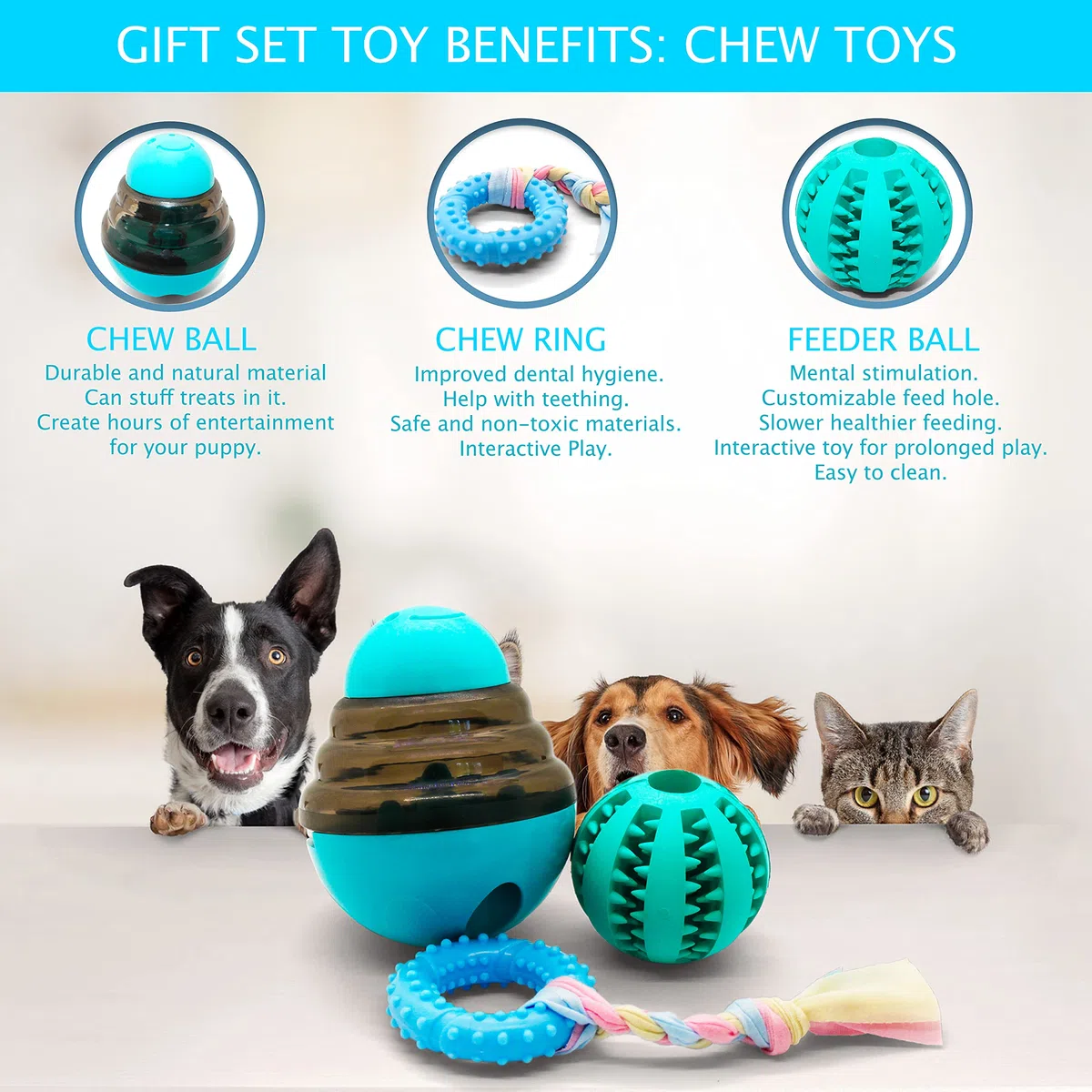 Caja de regalo azul para perros, juego de 5 juguetes masticables para cachorros, paquete de cuidado con manta para perro, felpa chirriante, mordedor de goma para cachorros, bola de dentición