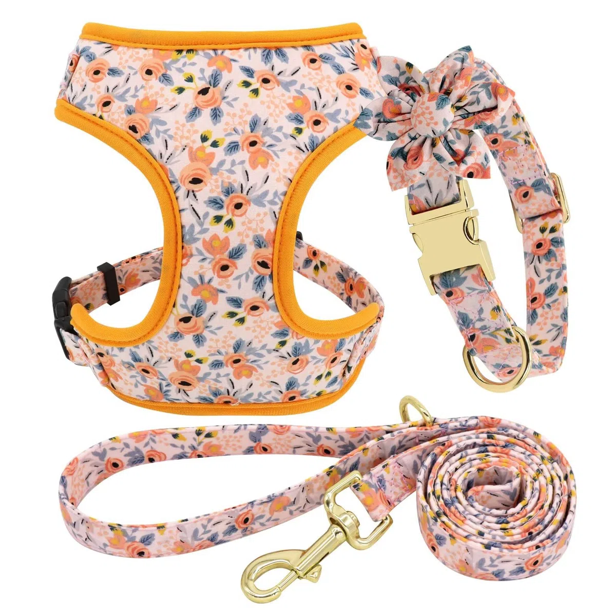 Beirui Bonito juego de collares, arneses y correas para perro, juego de collar y correa ajustable para perro con flor, arnés de malla suave para perros pequeños y medianos (naranja, M)