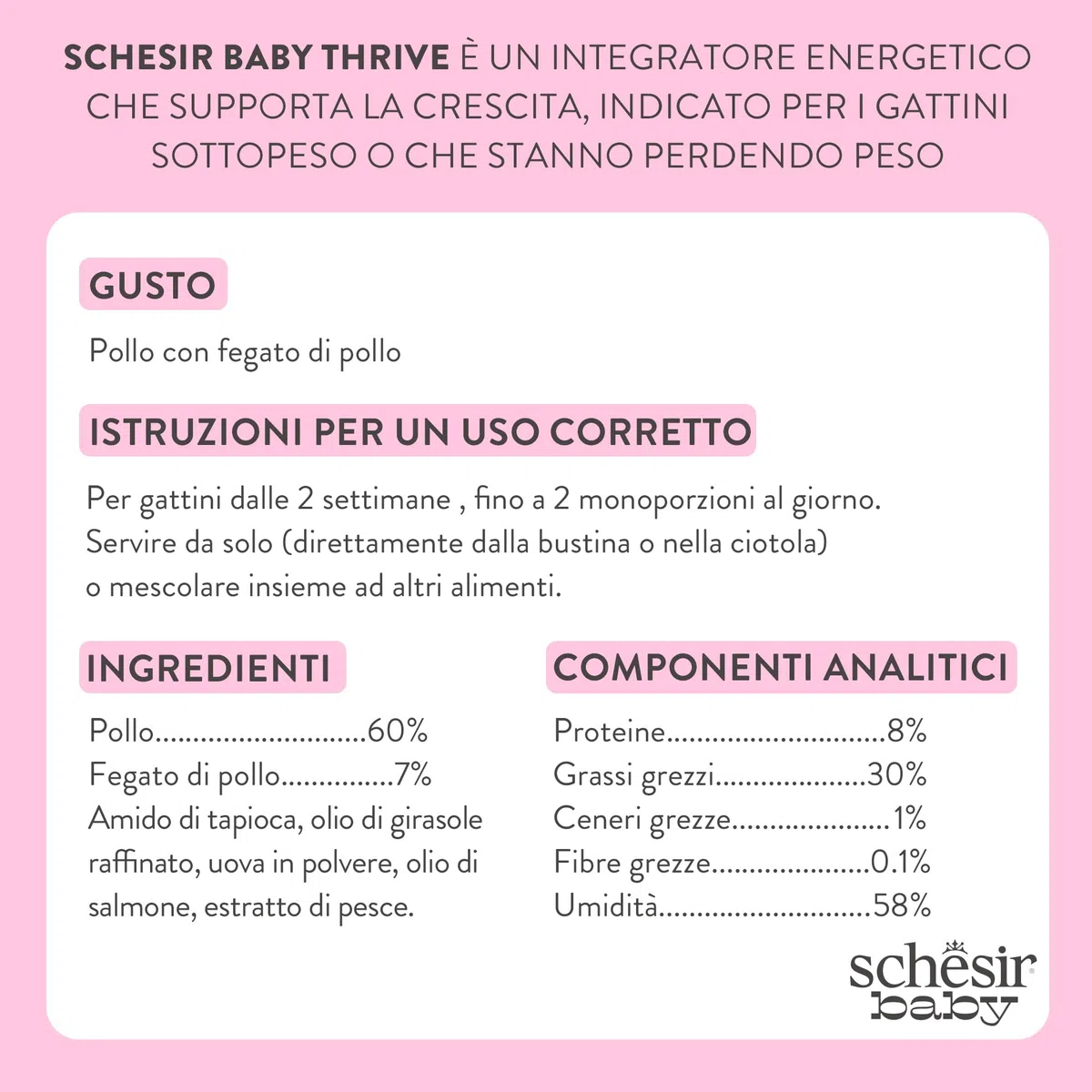 Schesir Baby Thrive, Gusto de Pollo, Comida Humeda para gattos (20 sobre x 8g)