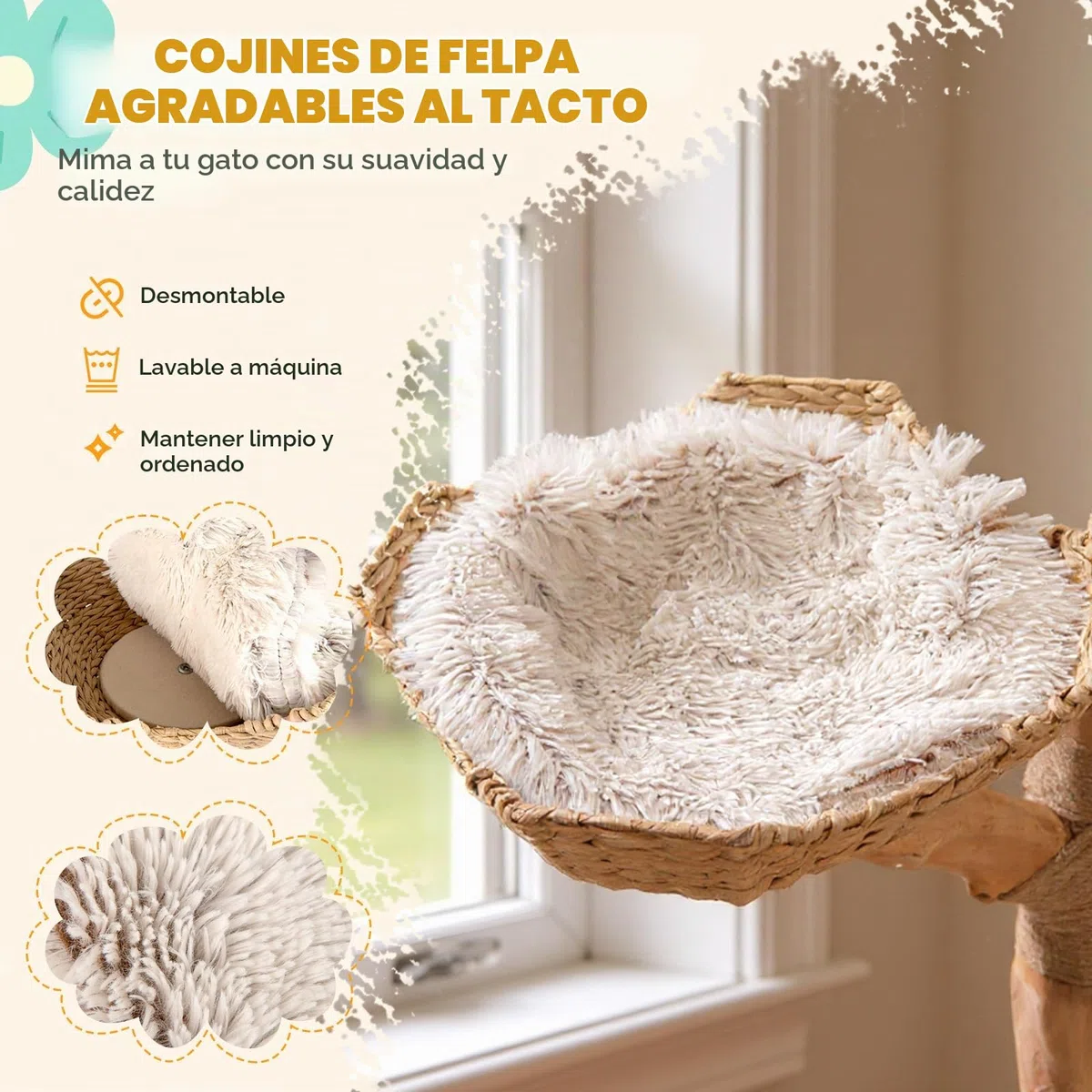 COSTWAY Rascador para Gatos, Árbol para Gatito Moderno de Madera Maciza, 122 cm Torre Gatos Rascador con Plataforma Forma de Flores, 2 Nidos con Cojines, Poste de Yute, Bola Colgante, Blanco y Natural