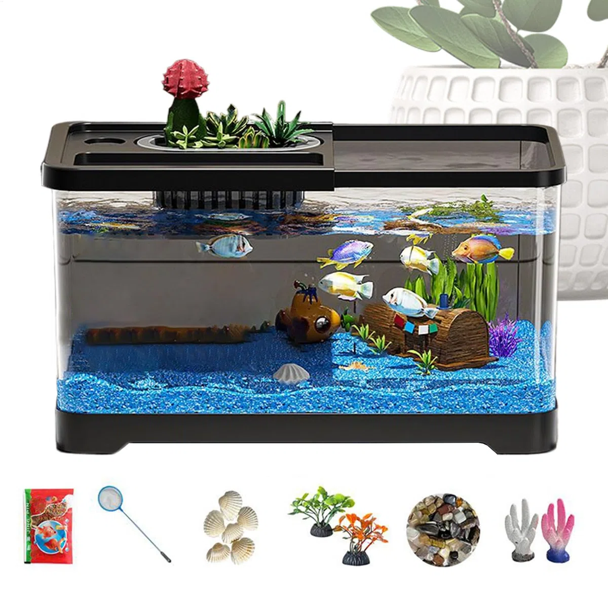 Kit Acuario Pequeño Acuario Compacto con Decoración De Paisaje Submarino | Accesorios decorativos LED para kit de acuario pequeño Para habitación infantil, escritorio, salón, decoraciones de pecer