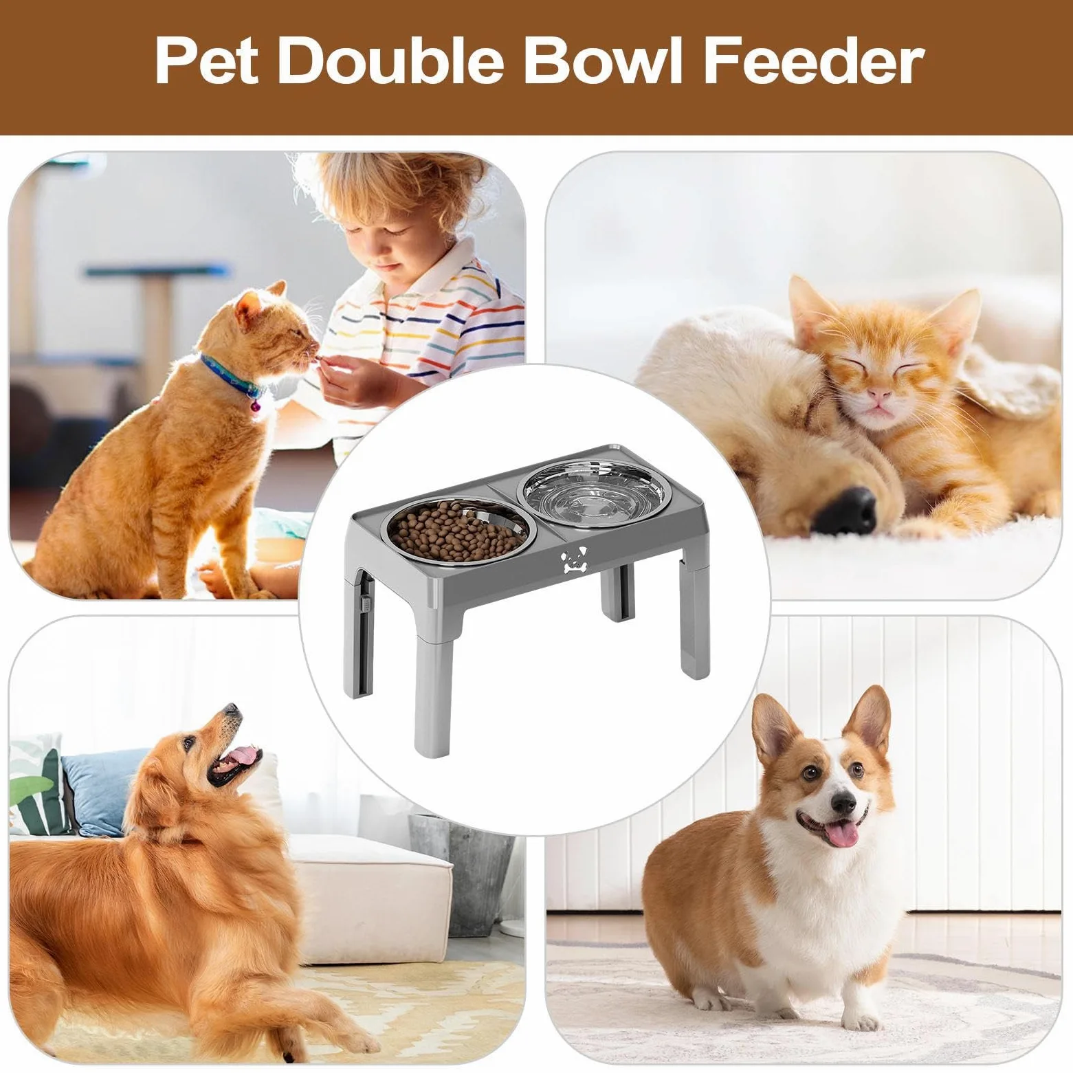Comederos Elevados De Comida Para Perros Plato Antideslizante 5 Alturas | Cuencos De Acero Inoxidable Para Perros Con Soporte Protección De Cuello Y La Columna En Gatos Interiores, , Ca