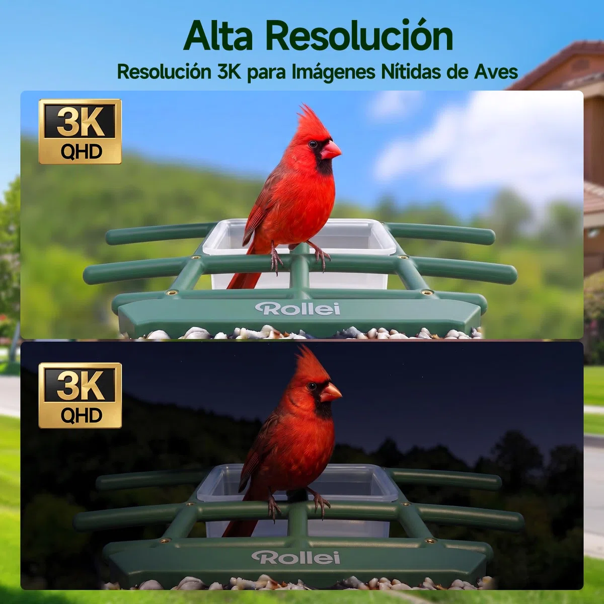 Comedero Inteligente Pájaros, Rollei Smart Bird Feeder 3K Comedero Pajaros | Solar con Cámara Exterior AI Reconocimiento de 10000 Pájaros Impermeable IP65 Visión Nocturna LED Audio Bidireccional