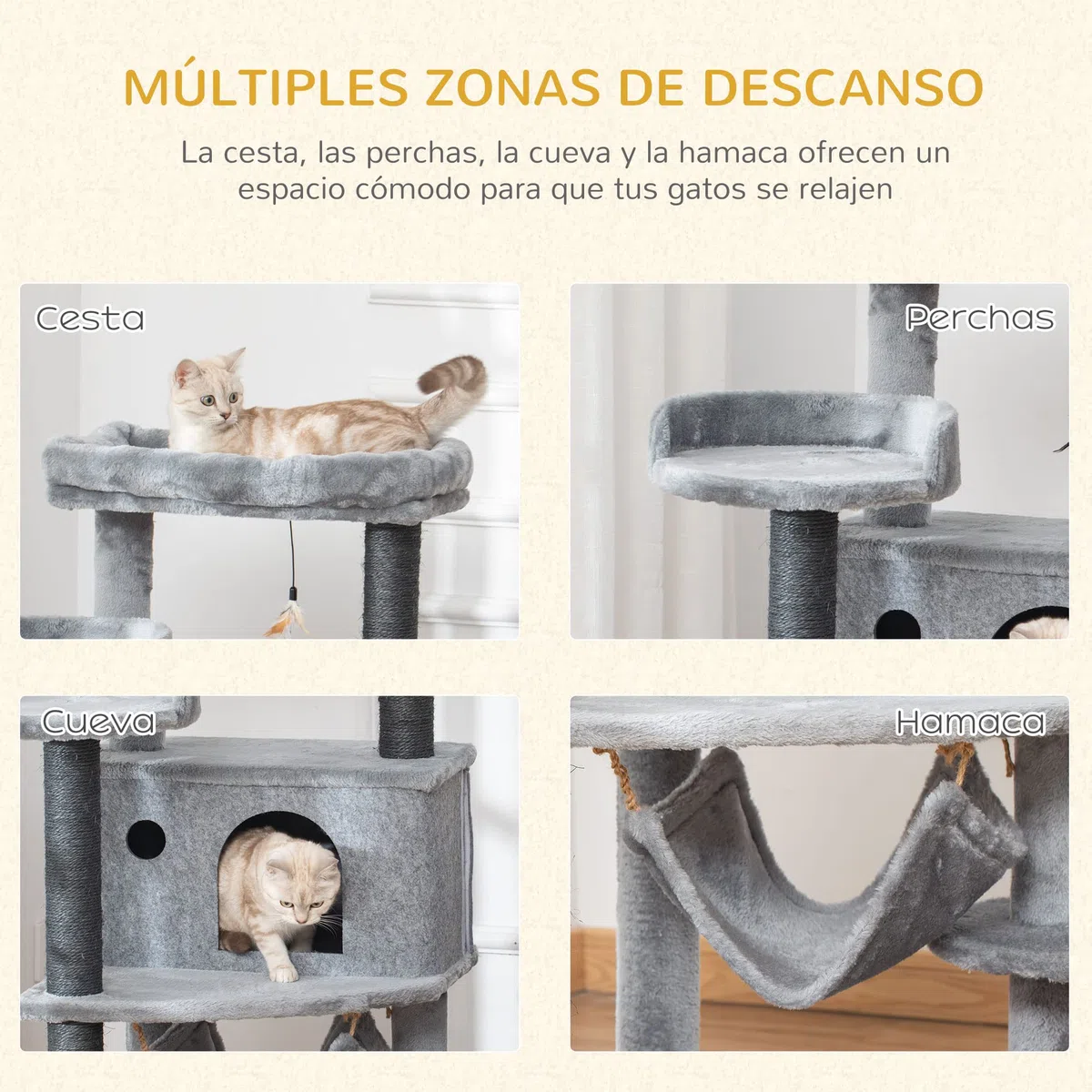 PawHut Árbol Rascador para Gatos 48x48x107 cm con Cueva de Fieltro Desmontable Hamaca Camas de Felpa Múltiples Plataformas Postes Rascadores de Sisal y Juguetes Gris | Cueva de Fieltro Desmontable, Camas de Felpa, Múltiples Plataformas, Postes de Sisal, J