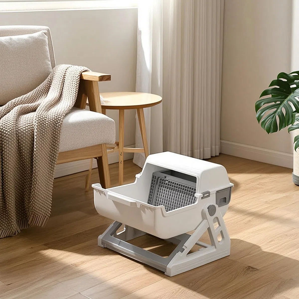 Arenero Semiautomático Amplio Arenero con Rejilla Separación Resistente Caja Semicerrada para s, Casa, Gris Blanco
