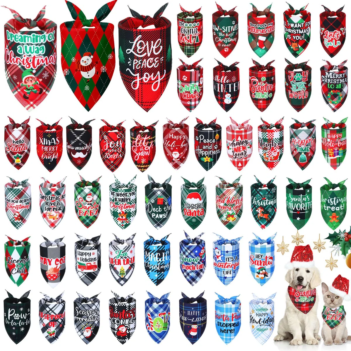 Abbylike 50 Bandanas de Navidad a Cuadros para Perro, Bufanda para Perros, Baberos para Cachorros, Bandanas Ajustables y Lavables, Accesorios de Disfraz para Mascotas, Suministros de Aseo para Gatos