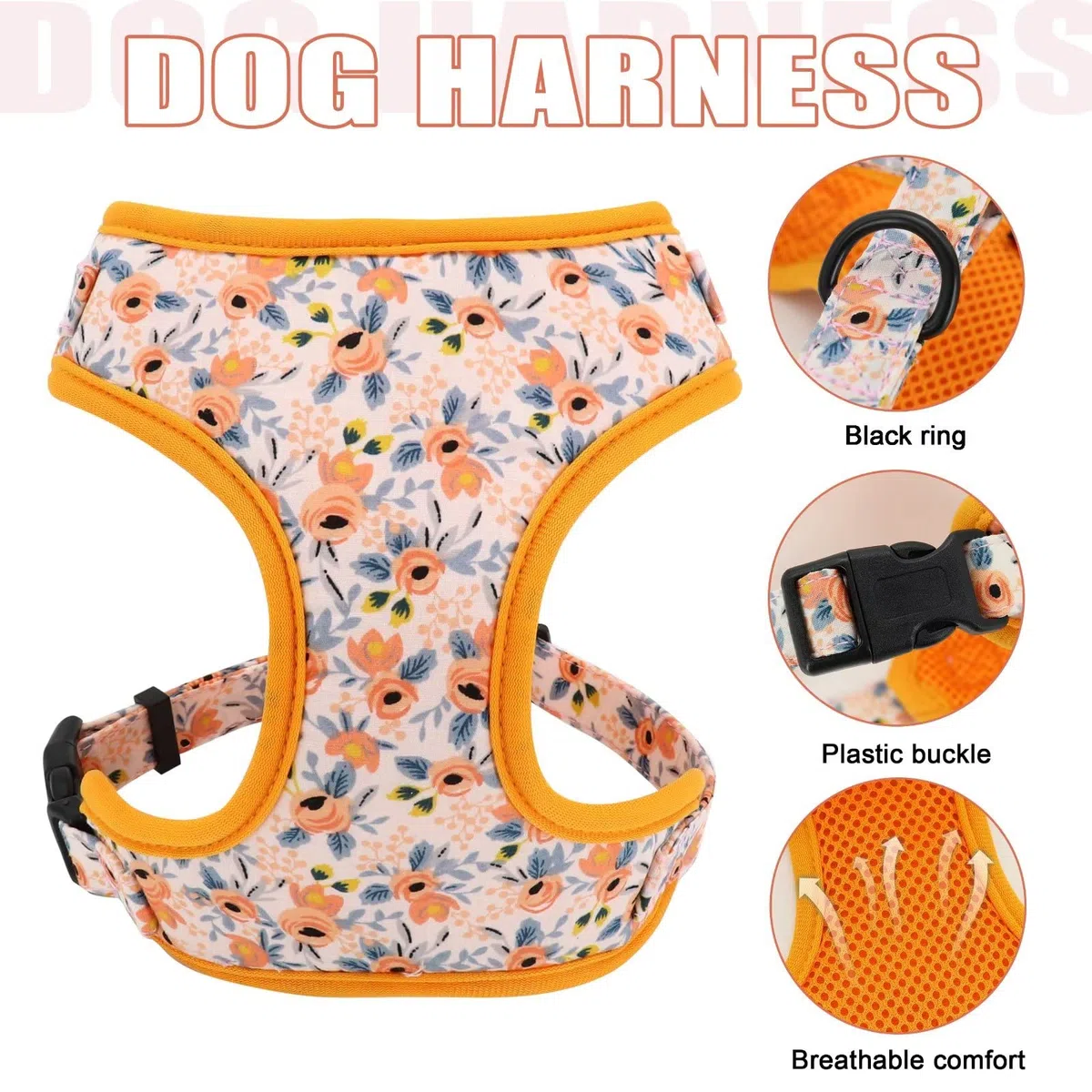 Beirui Bonito juego de collares, arneses y correas para perro, juego de collar y correa ajustable para perro con flor, arnés de malla suave para perros pequeños y medianos (naranja, M)