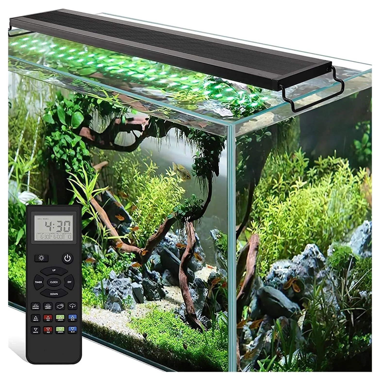 Luz LED para arrecifes, Luz de Acuario con Control Remoto 30/45CM Temporizador, luz Tanque Peces Espectro Completo Modo meteorológico, lámpara LED RGBW for Plantas Agua para acuarios(45CM)