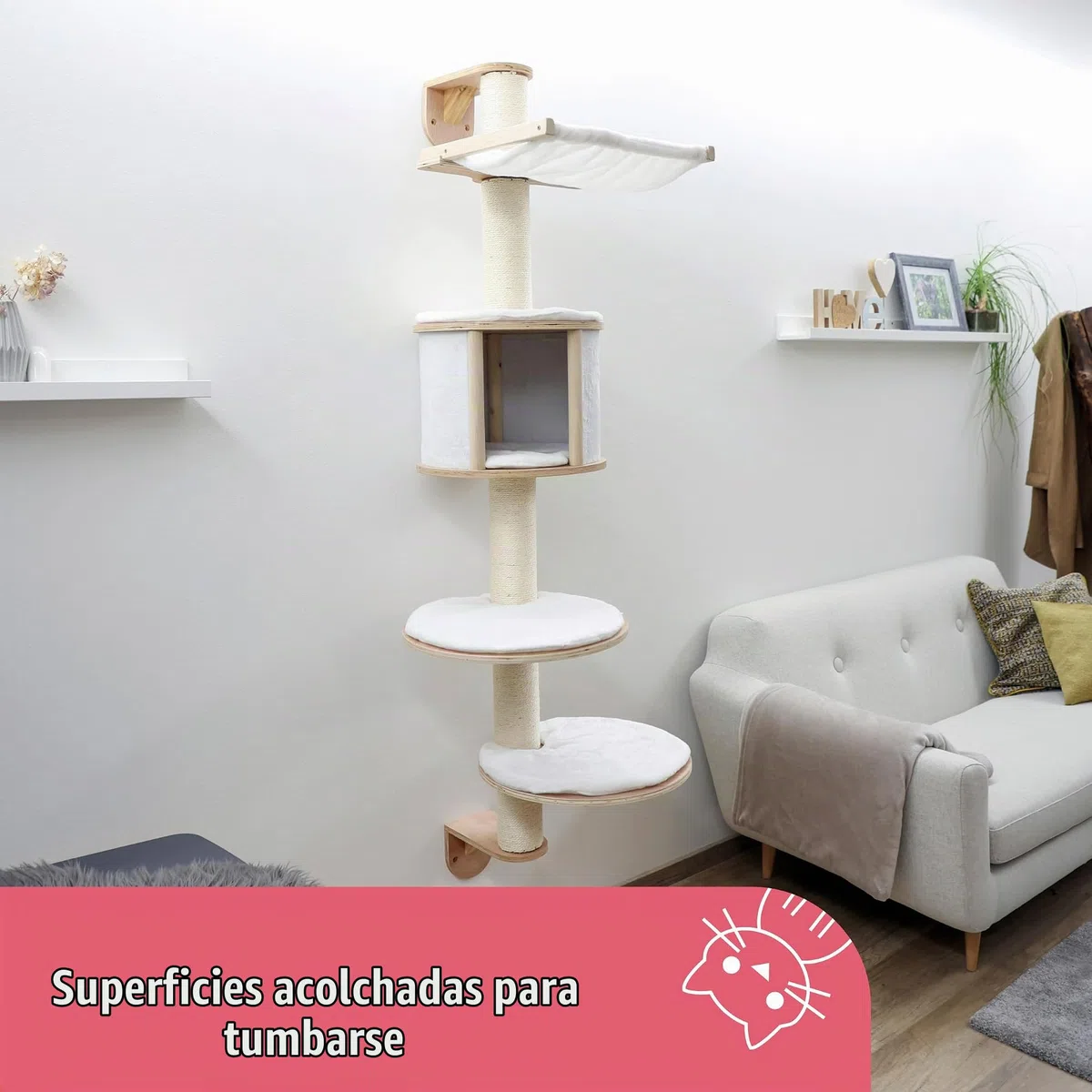 Kerbl Pet Rascador de pared Dolomit, árbol para gatos, blanco, 168cm, madera, felpa, sisal, para gatos, cojín extraíble y acolchado