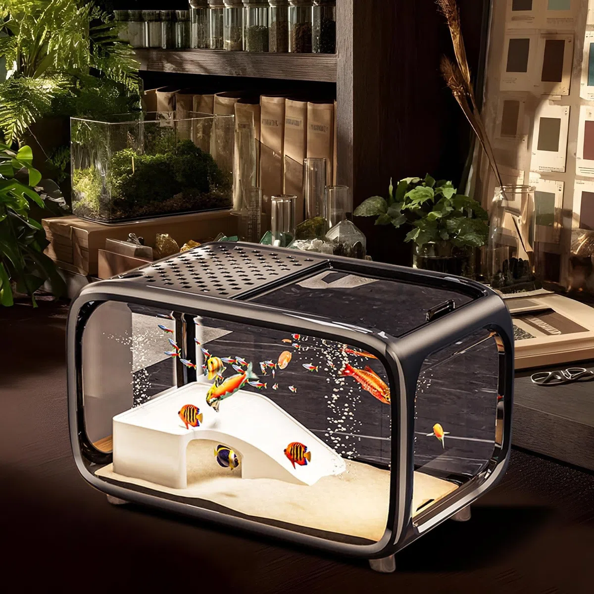 Acuario Pecera De Escritorio Para Tortugas Con Decoración De Escala | Recipiente De Paisaje Acrílico Transparente Con Orificio Para Alimentación Para Animales Acuáticos Como Betta