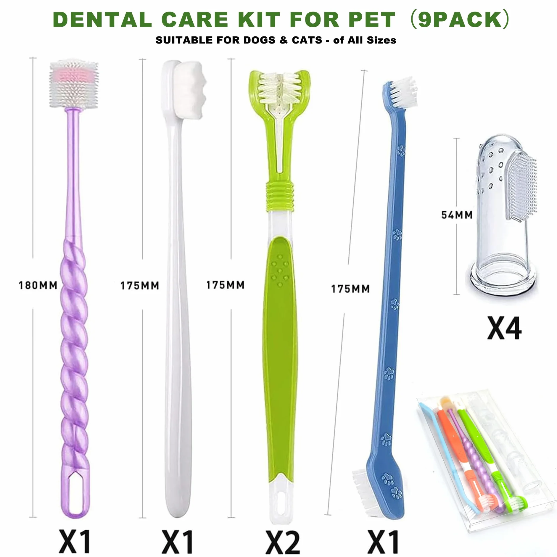 Juego de cepillos de dientes para perros, cepillos de dientes de triple cabeza, cepillo de dientes de doble cabeza, cepillos de dientes de goma para dedos, cepillos de limpieza dental