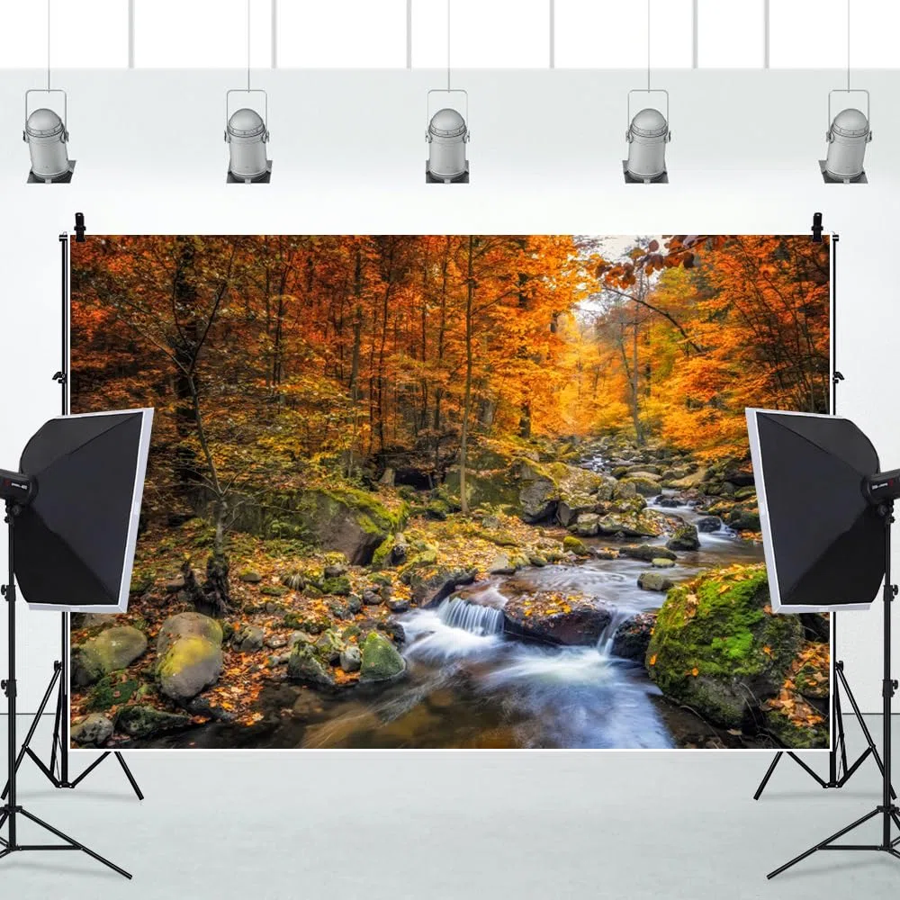 4.5x3m Telón de Fondo de Acuario con Cascada de Otoño, Fondo de Paisaje Natural con Lago y Arroyo del Bosque, Fondos de Plantas Tropicales y Rocas para Terrarios