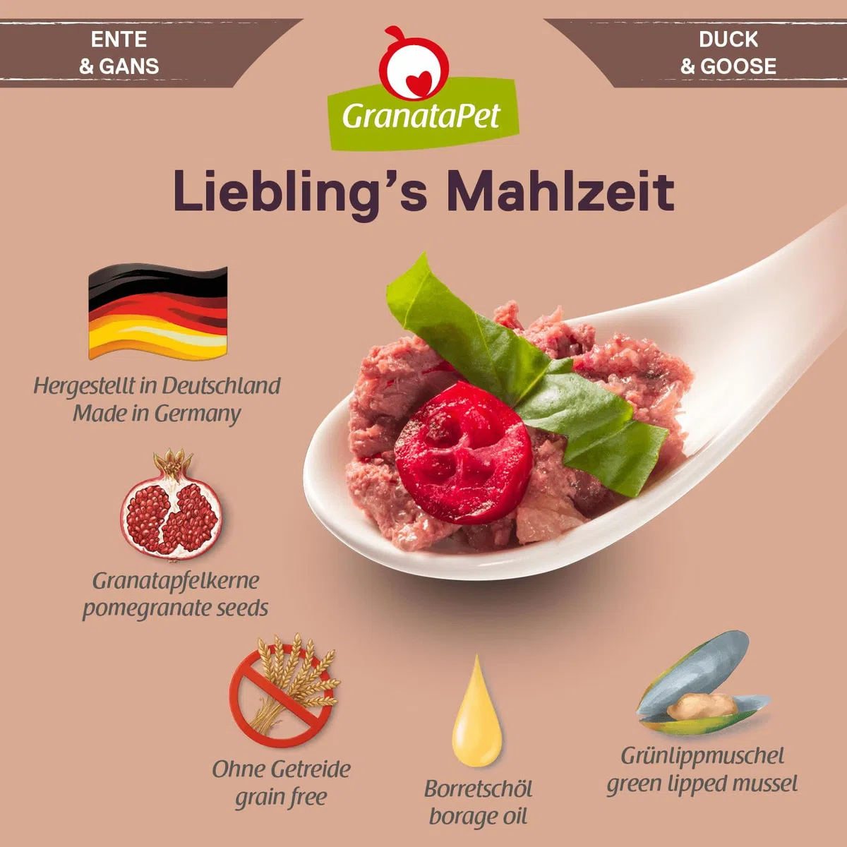 GranataPet Liebling's Mahlzeit Pato & Gans, Comida húmeda para Perros, Comida para Perros sin Cereales y sin azúcares, pienso Completo, 12 x 800 g