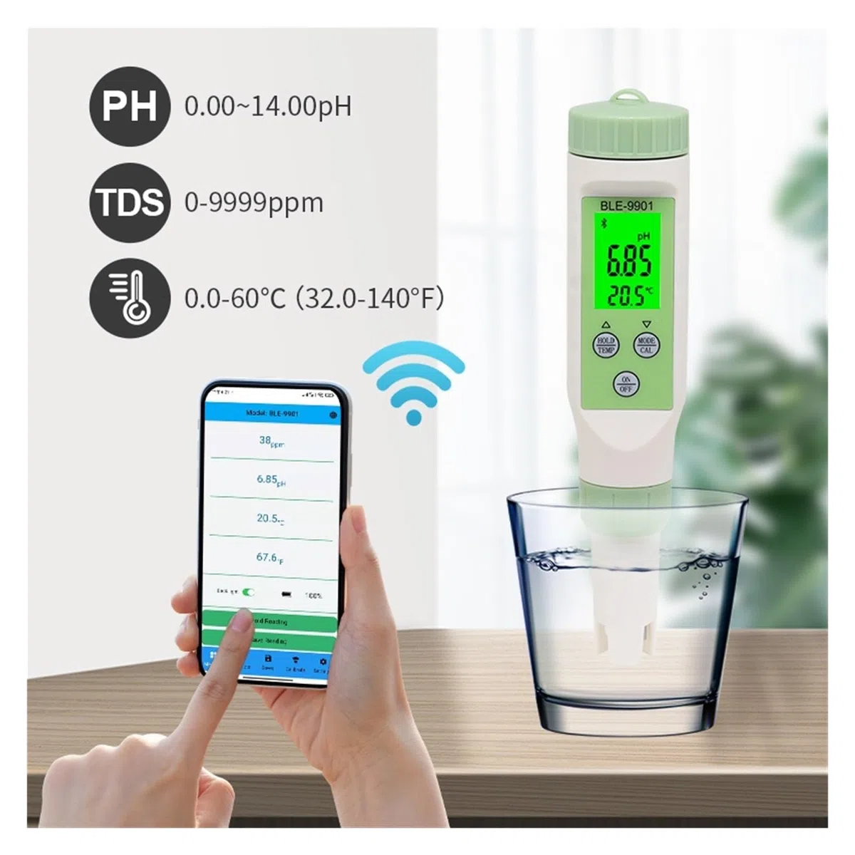 Medidor Agua 3/4/5/7 En 1 Medidor De PH Bluetooth TDS/EC/ORP/salinidad/SG/Herramienta Temperatura Monitor Calidad del Agua Digital Probador For Acuario Multiusos Preciso Fácil(BLE-9909)