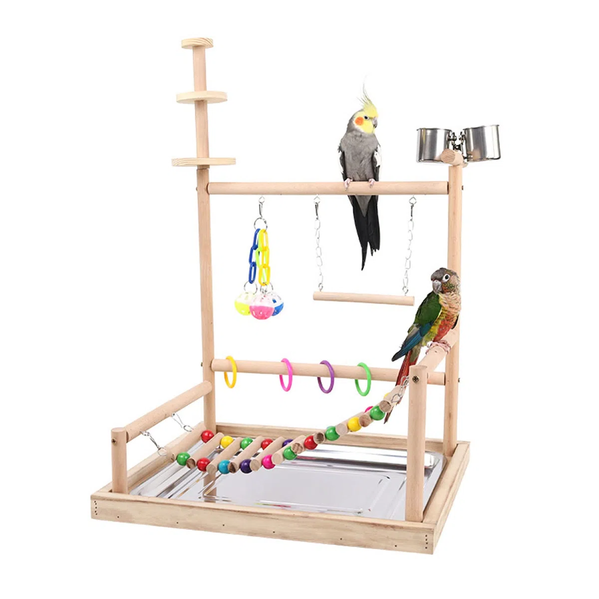 Jaula para pájaros, juguete para masticar, escalera, columpio, loros, perca, centro de actividades con tazas de alimentación, soporte de madera natural para pájaros, con cuencos, grande para