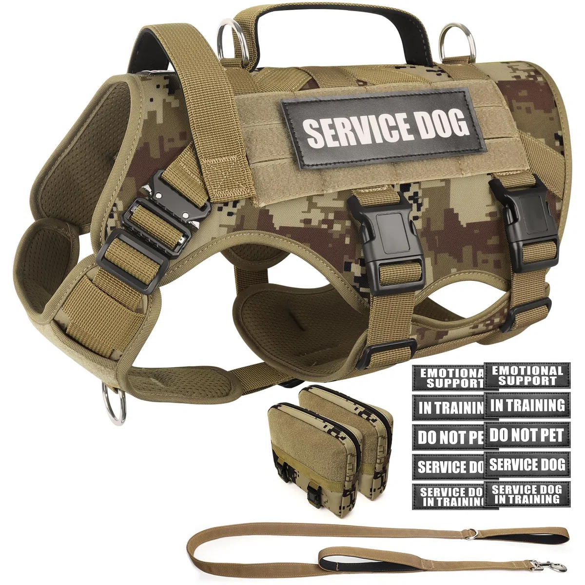 WINSEE Arnés táctico para Perro con Correa para Perro, Chaleco MOLLE de Trabajo de Servicio con 10 Parches para Mascotas, arnés Militar sin tirones y Mochila para Entrenamiento, Caza y Caminata
