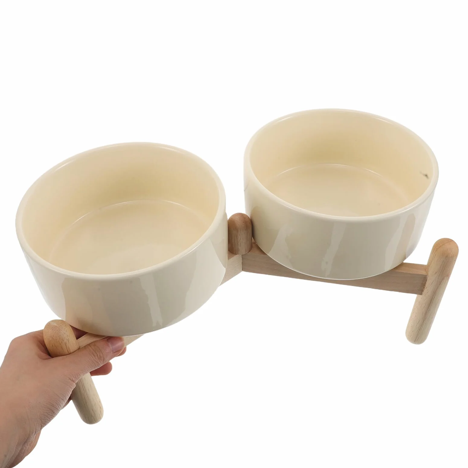 Comedero Doble Elevado para Perros y Gatos con Soporte de Madera Antideslizante, Cuencos de Cerámica Beige de 15,5 CM y 850 Ml, Adecuado para Mascotas Pequeñas y Alimentación