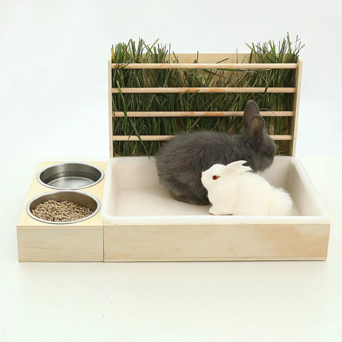 De Heno para Conejos De Heno De Madera con 2 Cuencos Y Baño | Portahenos Dispensador Antiderroche Multifuncion Para Jaulas De Roedores Y Mascotas Pequeñas