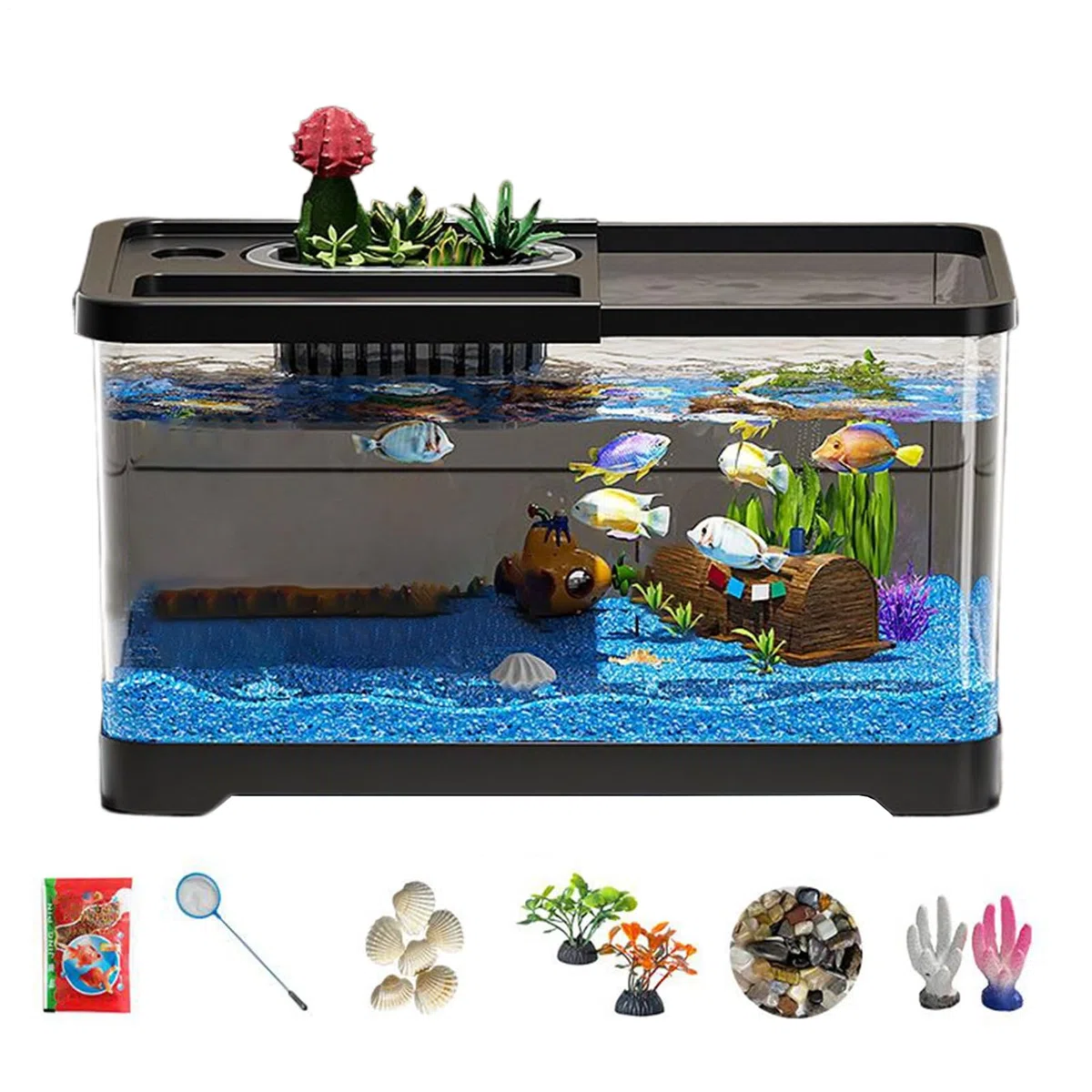 Kit Acuario Pequeño Acuario Compacto con Decoración De Paisaje Submarino | Accesorios decorativos LED para kit de acuario pequeño Para habitación infantil, escritorio, salón, decoraciones de pecer