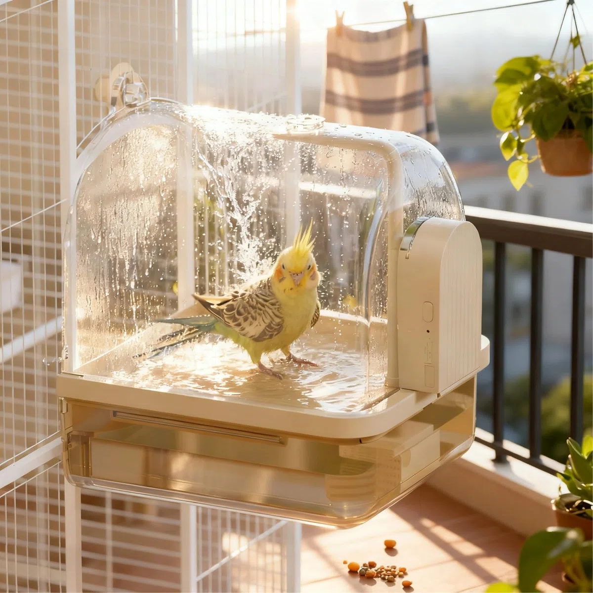 Baño automático para pájaros con sensor, tanque de agua de 1000 ml, ducha eléctrica para pájaros para bañera de loros, batería recargable de 1200 mAh, diseño a prueba de salpicaduras, color