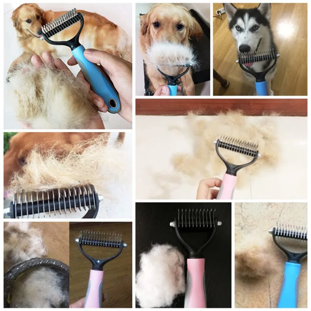 Juego de 10 cepillos de aseo para mascotas de 2 caras, rastrillo de pelo para eliminar nudos de pelo, herramienta de desprendimiento, color rosa