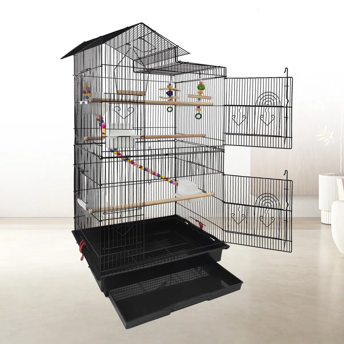 Aufun Jaula para loros de metal con juguetes para pájaros, 46 x 36 x 99 cm