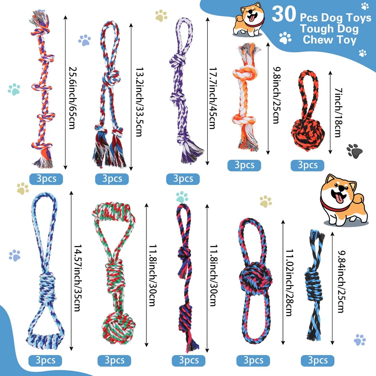Hiboom 30 juguetes de cuerda para perros para masticadores agresivos, juguetes masticables resistentes para perros medianos y grandes, juguetes de algodón para perros de guerra, para limpieza de
