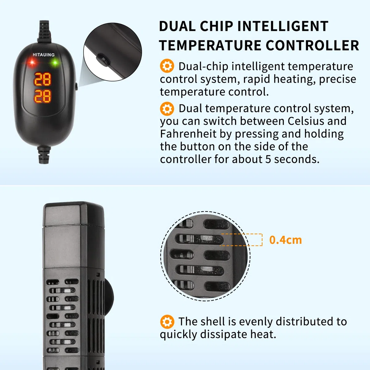 HiTauing Calentador de acuario, 50 W/100 W/200 W/300 W/500 W calentador sumergible para pecera con protección contra sobretemperatura y apagado automático al dejar agua, apto para agua salada y agua
