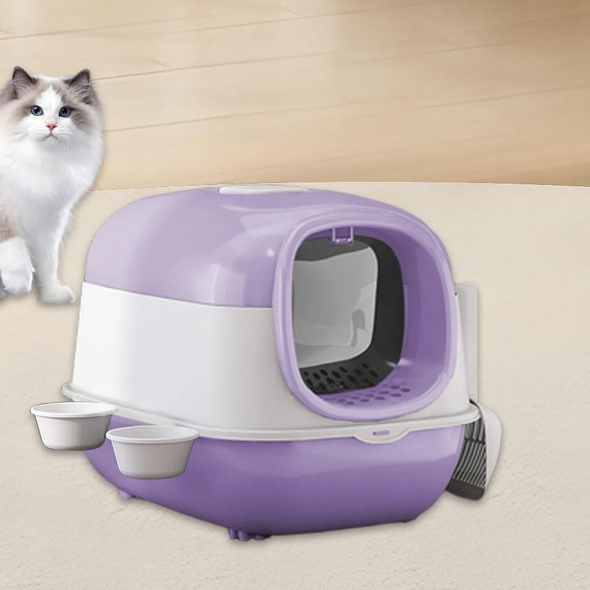 Caja de Arena para Gatos Cerrada Grande con Tapa Arenero Higiénico Baño Bandeja Cubierta Estructura de PP Robusto Desmontaje Sencillo Entrada a, PÚRPURA
