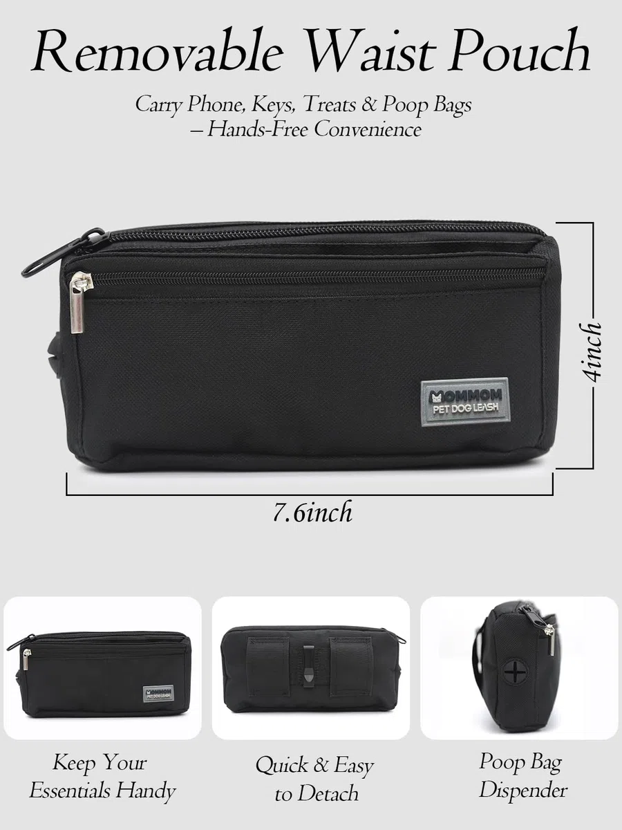 Correa para perro manos libres con bolsa con cremallera y cinturón de cintura, correa elástica reflectante duradera con asas acolchadas dobles para caminar, trotar y correr, se adapta a perros