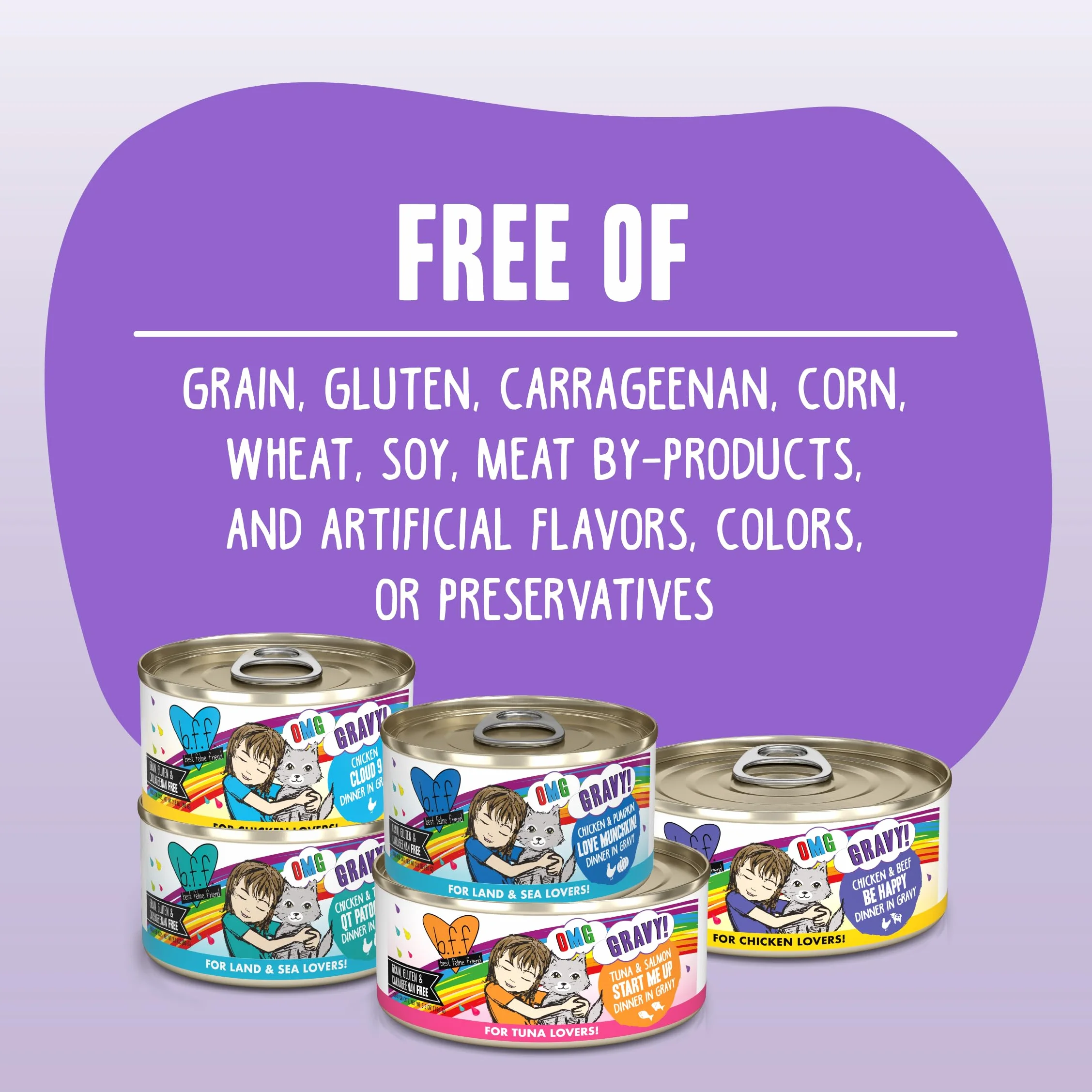 Weruva B.F.F. OMG - Best Feline Friend Oh My Gravy! Comida húmeda natural sin cereales para gatos enlatados, país y lago, recetas en salsa