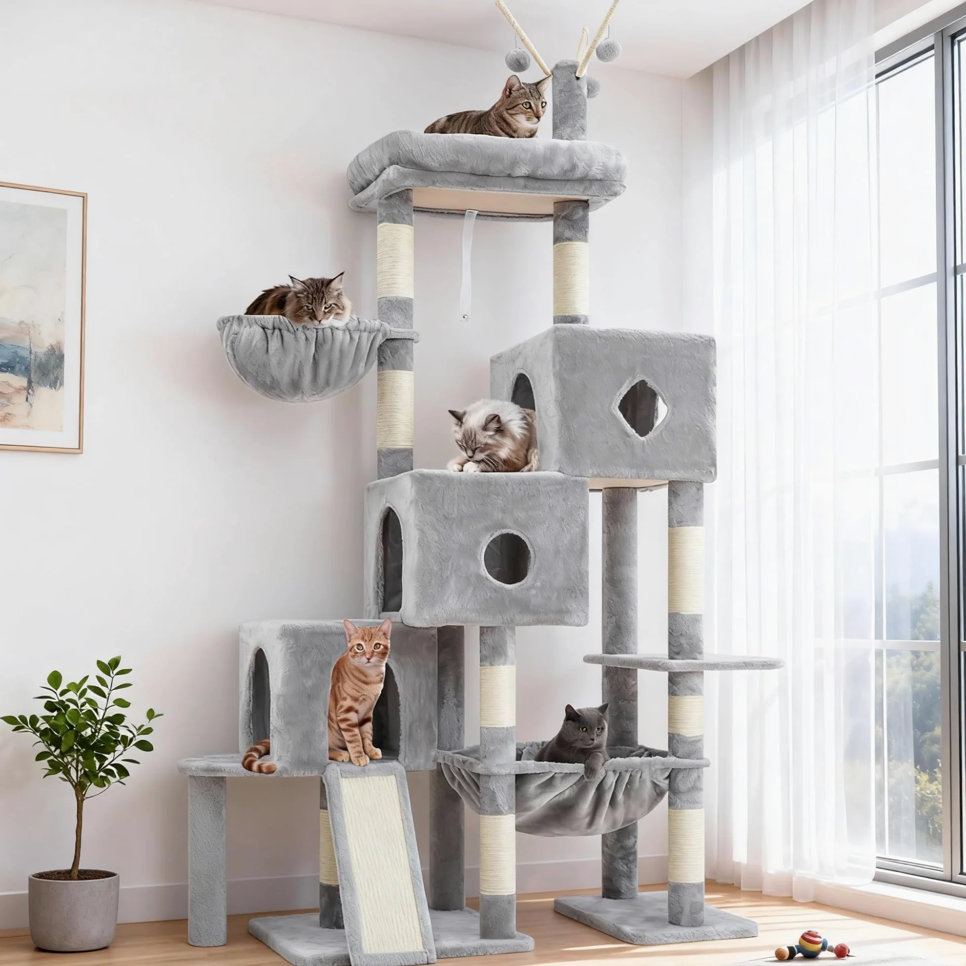Hey-brother Árbol rascador para Gatos Grandes, 160 cm, 3 Camas, Hamaca Grande, Superficie de Descanso y Tabla rascadora de sisal, Gris Claro EMPJ081W