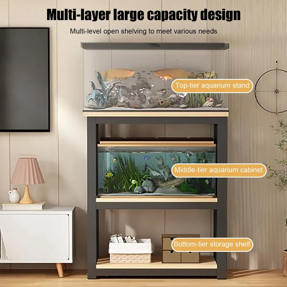 Soporte para Acuario de Madera Maciza, Soporte para Pecera | Diseño de Almacenamiento de 3 Niveles, Ajustable en 5 cm, Capacidad de 100 kg(Black A,100x40x100cm/39x16x28in)