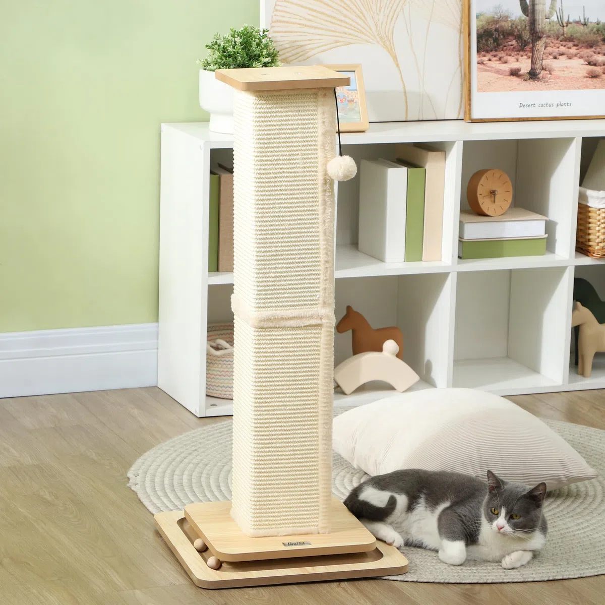 PawHut Poste Rascador para Gatos 87 cm con Bola Colgante y Sisal Roble | Rascador para Gatos, Arañador, Juguete de Pelota de Pista